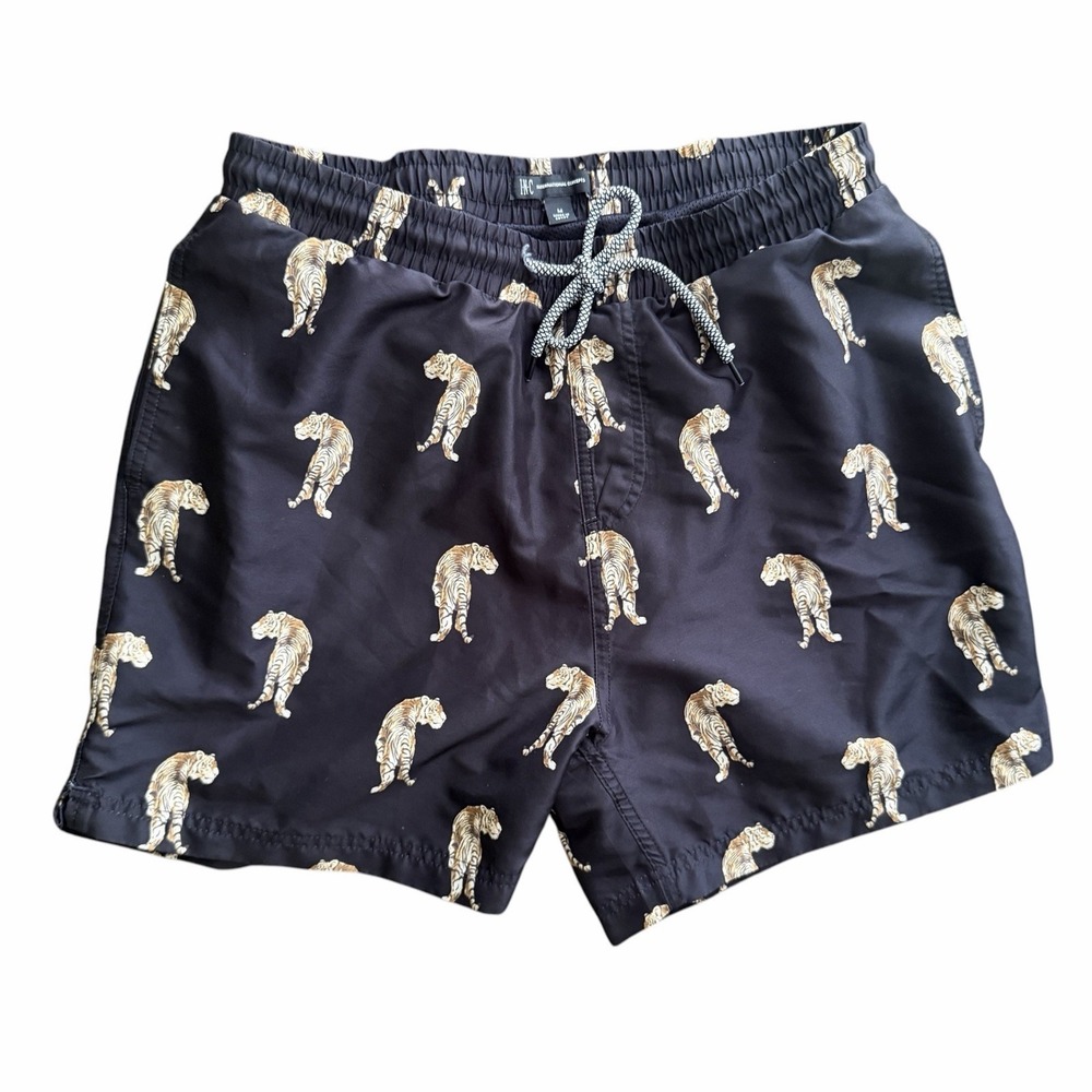 INC Mens Regular Fit Quick Dry Black Graphic Tigers 5" Swim Trunks Size Medium